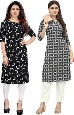 HouseOfCommon Women Printed Straight Kurta(Black, White)