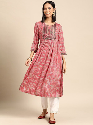 all about you Women Printed A-line Kurta(Pink)