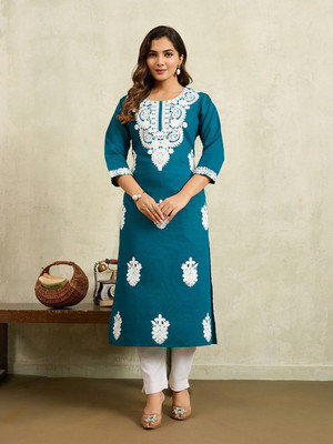 Lusiva Women Embroidered Straight Kurta(Light Blue)