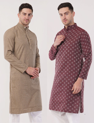 Zargnut Attire Men Printed Straight Kurta(Beige, Maroon)