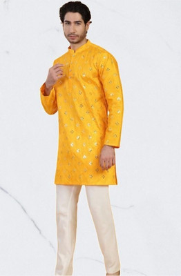 Bisswas Men Embroidered Straight Kurta(Yellow)