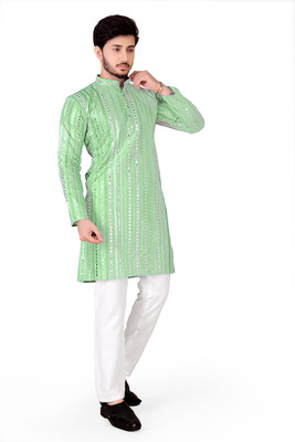 TRUST OUS Men Embroidered Straight Kurta(Green)