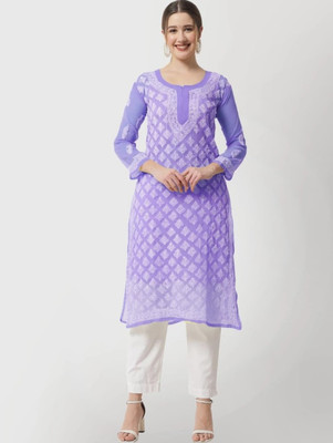 Fs chikankari Women Chikan Embroidery Straight Kurta(Purple)
