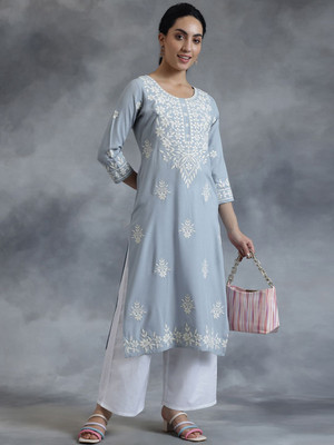 LIBAS Women Embroidered Straight Kurta(Light Blue)