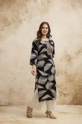 AURIPRX FASHION Women Embroidered, Printed Straight Kurta(Black)