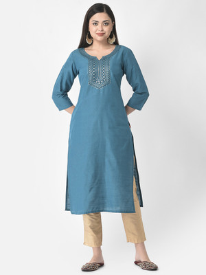 Span Women Self Design Straight Kurta(Blue, White)