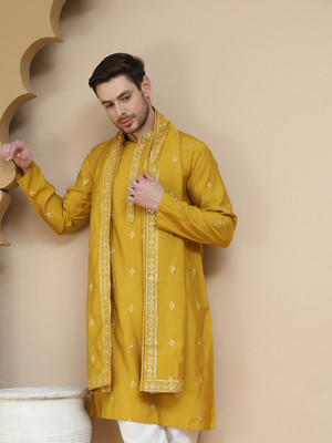 Jompers Men Embroidered Straight Kurta(Yellow)