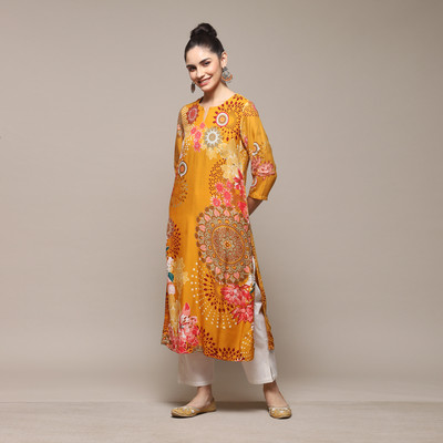 BIBA Women Printed Straight Kurta(Yellow)