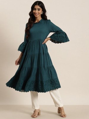 HERE&NOW Women Embroidered A-line Kurta(Green)