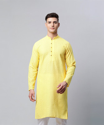 Jompers Men Embroidered Straight Kurta(Yellow)