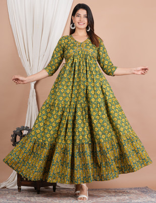 NAVKRITI JAIPR Women Floral Print Anarkali Kurta(Green, Yellow)