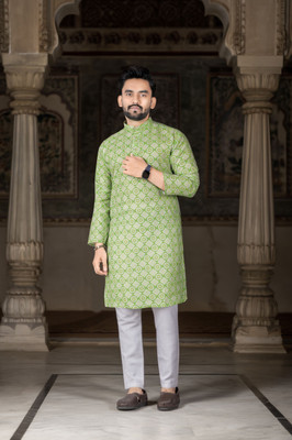 DHASU TRENDZ Men Printed Straight Kurta(Light Green)