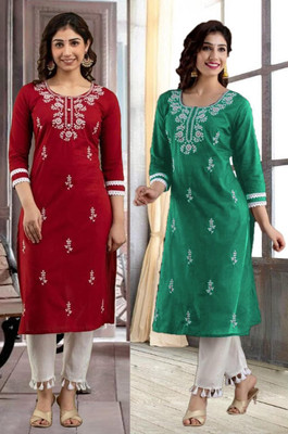 HouseOfCommon Women Chikan Embroidery Straight Kurta(Multicolor)