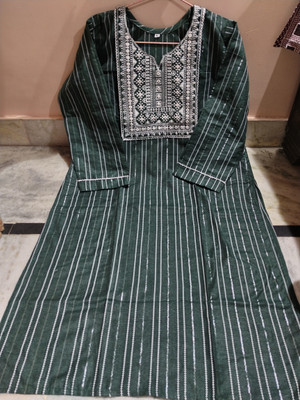Threadart Women Embroidered Straight Kurta(Dark Green, White)