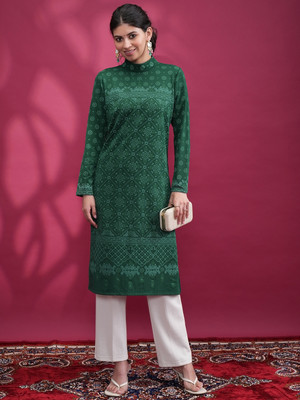 Vishudh Women Solid Straight Kurta(Dark Green, Light Green)