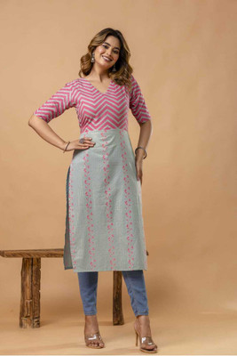 sanjya Women Printed Straight Kurta(Pink, Green)