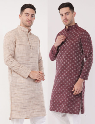 Zargnut Attire Men Printed Straight Kurta(Beige, Maroon)