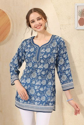 Divastri Women Printed Straight Kurta(Blue)