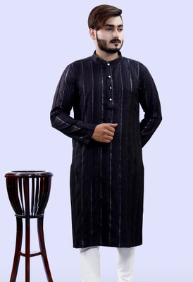 Tibra Collection Men Striped Straight Kurta(Black)