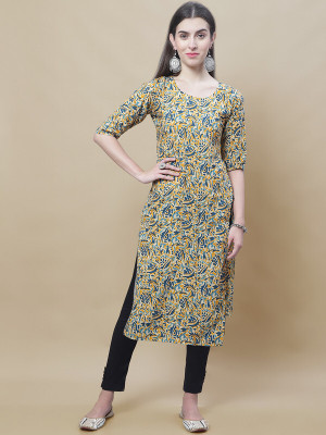 EthnicBasket Women Printed A-line Kurta(Blue, Yellow, White)