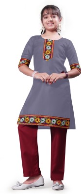 vishvoham Girls Embroidered Straight Kurta(Grey)