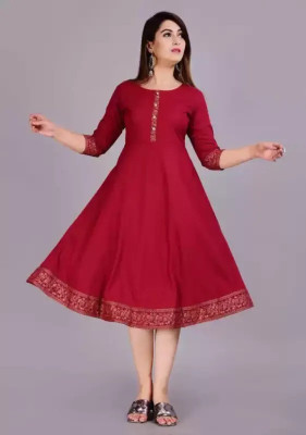 SMIEN Women Embroidered Flared Kurta(Maroon)
