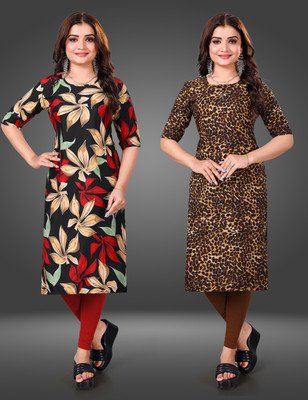 MOBHISA Women Printed Straight Kurta(Brown)