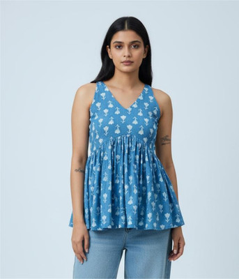 UT Venero Women Printed Flared Kurta(Light Blue)
