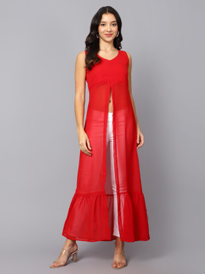 VESICLE Women Solid Frontslit Kurta(Red)