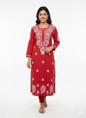 Unstop Women Chikan Embroidery Ethnic Dress Kurta(Red)