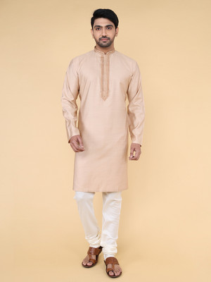 Zois Men Self Design Straight Kurta(Beige)