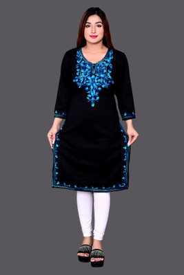 FamBee Women Embroidered Straight Kurta(Black)