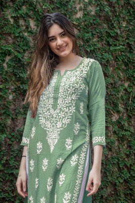 Gosriki Women Embroidered Straight Kurta(Green)