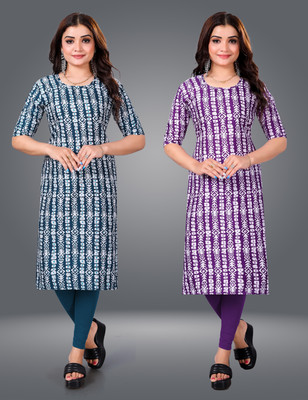 MOBHISA Women Printed Straight Kurta(Purple)