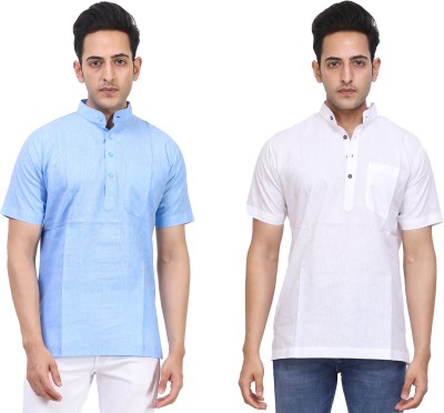 LAHSUAK Men Solid Straight Kurta(Light Blue, White)