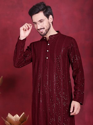 Jompers Men Printed Straight Kurta(Maroon)