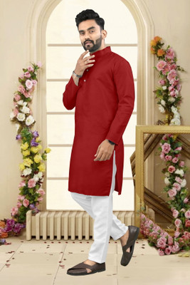 Shree Dutt Creation Men Solid Straight Kurta(Red)