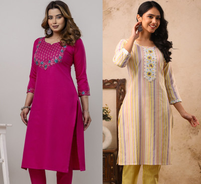 AUZAAI COLLECTION Women Embroidered, Striped Straight Kurta(Multicolor)