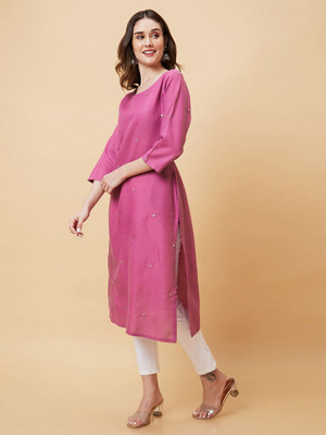 Globus Women Solid Straight Kurta(Pink)