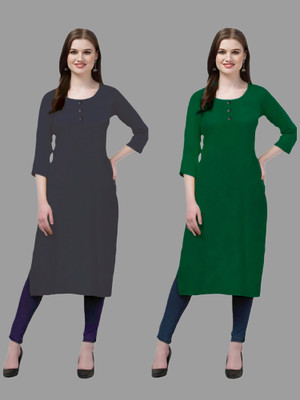 HOFC Women Solid Straight Kurta(Grey, Dark Green)
