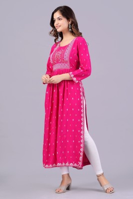 KartikFashionDesigner Women Printed Straight Kurta(Pink, White)