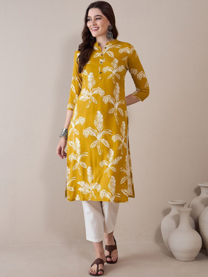 ANOUK Women Floral Print Straight Kurta(Yellow)