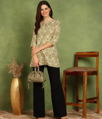 GURUFASHIONS Women Printed Straight Kurta(Beige, Green)