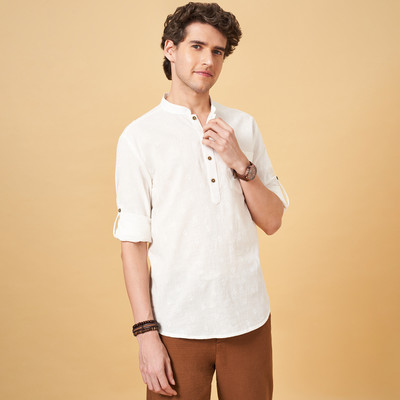 Indus Route by Pantaloons Men Printed Straight Kurta(Brown)