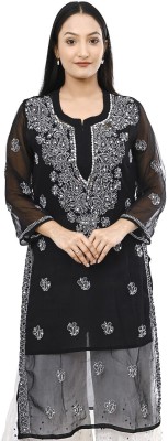 Neelam Chikan Women Chikan Embroidery Straight Kurta(Black)