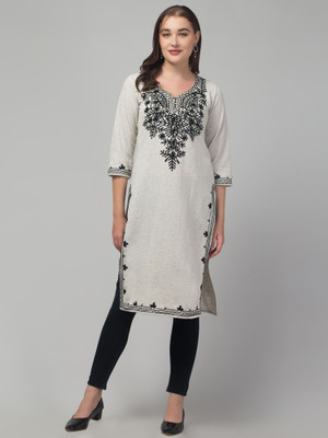 CROWN KING GARMENTS Women Embroidered Straight Kurta(Grey)