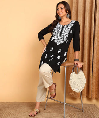 TOP N THREAD Women Chikan Embroidery, Embroidered, Self Design Straight Kurta(Black, White)