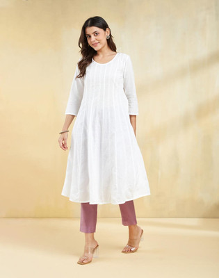Fabindia Women Embroidered Flared Kurta(White)