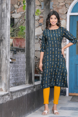neshapex Women Printed Straight Kurta(Dark Green)