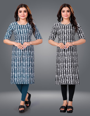 MOBHISA Women Printed Straight Kurta(Black)